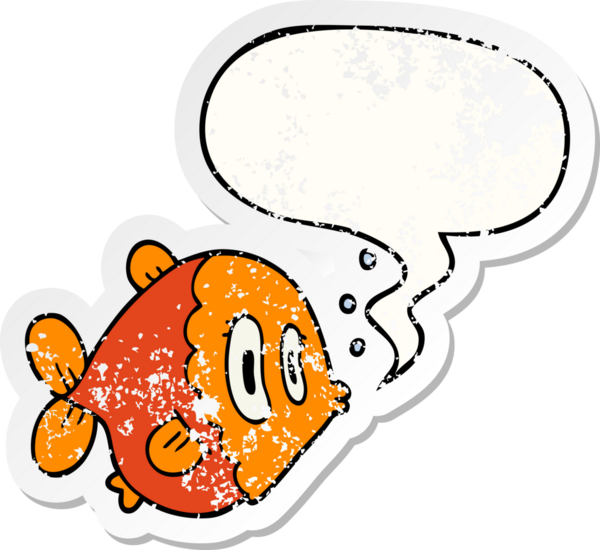 Konuşma baloncuğu olan çizgi film balıkları bir insan tarafından çizilmiş sıkıntılı eski bir çıkartma