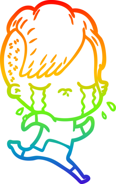 Gökkuşağı gradyan çizgi çizimi bir insan tarafından çizilmiş uzay giysileri giyen ağlayan bir kız çizimi