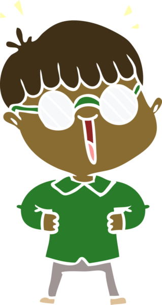 Bir insan tarafından çizilmiş gözlük takan düz renkli çizgi film çocuğu.