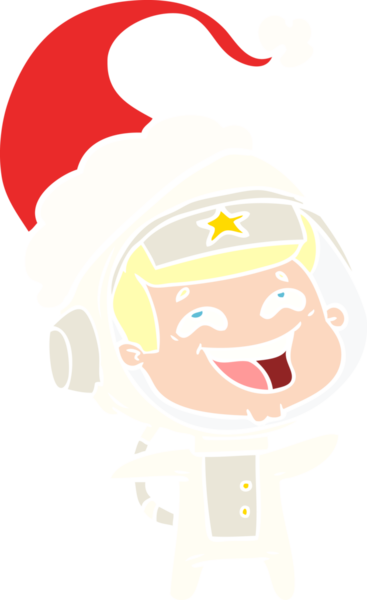 Bir insan tarafından çizilmiş Noel Baba şapkası giymiş gülen bir astronotun el çizimi.