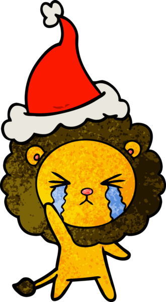 Ağlayan aslanın el çizimi bir insan tarafından çizilmiş Noel Baba şapkası.