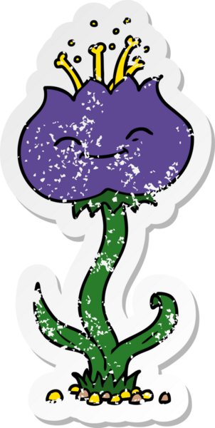 Bir insan tarafından çizilmiş şirin bir karikatür çiçeğinin sıkıntılı çıkartması.