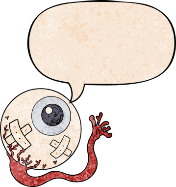 Bir insan tarafından çizilmiş eski dokuda konuşma baloncuğu olan çizgi film yaralı göz.