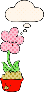 Bir insan tarafından çizilmiş çizgi roman tarzında düşünce baloncuğu olan sevimli bir karikatür çiçeği.