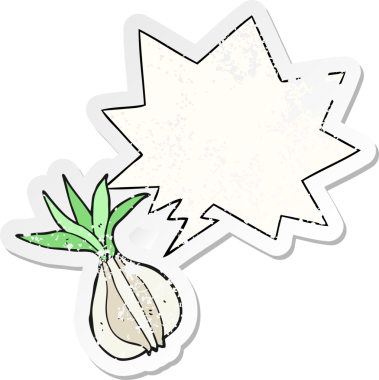 Konuşma baloncuklu karikatür soğanı bir insan tarafından çizilmiş sıkıntılı eski bir çıkartma