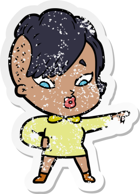 Bir insan tarafından çizilmiş üzgün bir çizgi film çıkartması. Şaşırmış bir kız.