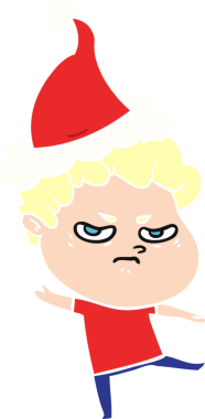 Bir insan tarafından çizilmiş Noel Baba şapkası giyen kızgın bir adamın düz renkli çizimi.