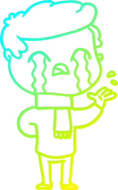 Bir insan tarafından çizilmiş kış eşarbı takmış ağlayan bir çizgi film karakteri çizimi.