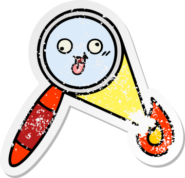 Bir insan tarafından çizilmiş sevimli bir çizgi film büyüteçinin sıkıntılı çıkartması.