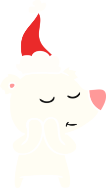 Bir insan tarafından çizilmiş Noel Baba şapkası giyen bir kutup ayısının düz renkli çizimi.