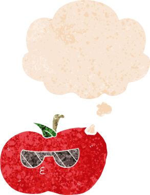 Düşünce baloncuklu çizgi film serin elma grunge sıkıntılı retro dokuma tarzı bir insan tarafından çizilmiş