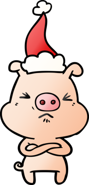 Bir insan tarafından çizilmiş Noel Baba şapkası giymiş kızgın bir domuzun el çizimi karikatürü.