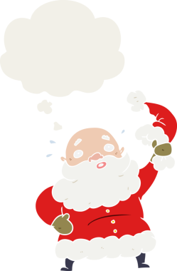 Çizgi film Noel Baba şapkasını eski moda düşünce baloncuklarıyla bir insan tarafından çizilmiş.