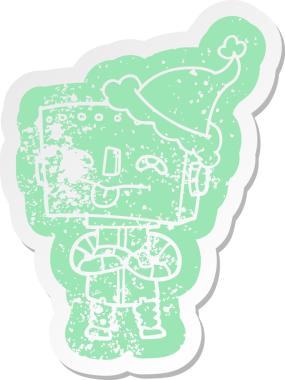 Bir insan tarafından çizilmiş Noel Baba şapkası takan bir robotun sıkıntılı karikatürü.