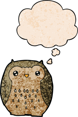 Bir insan tarafından çizilmiş grunge doku tarzında düşünce baloncuğu olan sevimli çizgi film baykuşu.