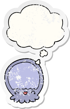 Düşünce baloncuğu olan karikatür denizanası insan tarafından çizilmiş yıpranmış bir çıkartma.