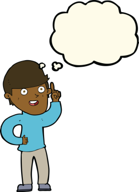 Bir insan tarafından çizilmiş düşünce baloncuğu fikri olan çizgi film çocuğu.