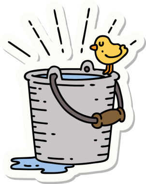 Bir insan tarafından çizilmiş su kovasına tünemiş dövme stili bir kuş çıkartması.