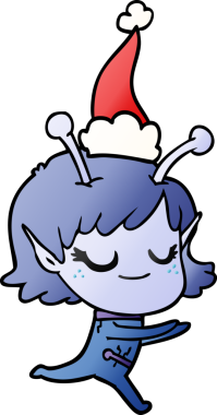 Gülümseyen uzaylı kız el çizimi. Bir insan tarafından çizilmiş Noel Baba şapkası takan bir koşucunun çizgi filmi.