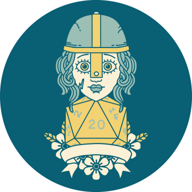 Retro Dövme Tarzı İnsan Savaşçısı Doğal 20 D20 ruloyla Bir insan tarafından çizilmiş