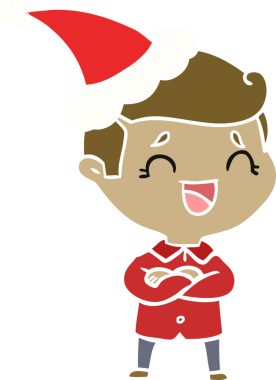 Bir insan tarafından çizilmiş Noel Baba şapkası takan gülen bir adamın düz renkli çizimi.