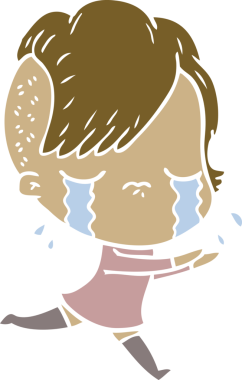 Düz renkli çizgi film karakteri ağlayan kız bir insan tarafından çizilmiş.