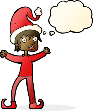 Bir insan tarafından çizilmiş düşünce baloncuğuyla Noel elfini heyecanlandıran çizgi film