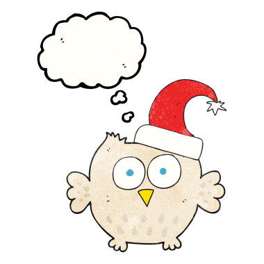 El yazısıyla çizilmiş düşünce kabarcığı desenli küçük baykuş insan tarafından çizilmiş noel şapkası.