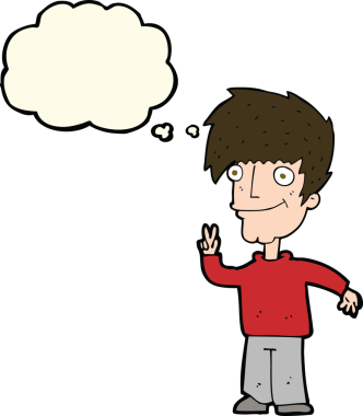 Bir insan tarafından çizilmiş düşünce baloncuğuyla barış işareti yapan çizgi film adamı.