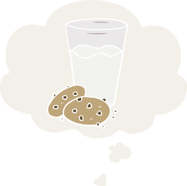 Düşünce baloncuklu çizgi film kurabiyeleri ve süt insan tarafından çizilmiş.