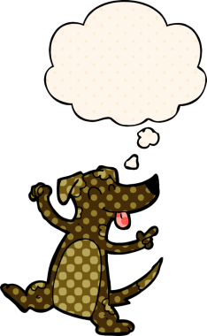 Bir insan tarafından çizilmiş çizgi roman tarzında düşünce balonu olan dans eden bir köpek.