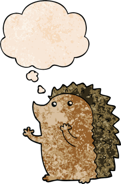 Bir insan tarafından çizilmiş grunge desenli düşünce baloncuklu kirpi çizgi filmi.