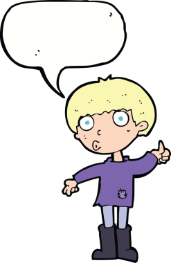 Çizgi filmci çocuk bir insan tarafından çizilmiş konuşma balonuyla soru soruyor.