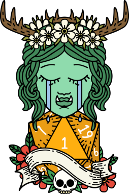 Retro Dövme Tarzı Ağlayan Ork Druid karakteri yüzü ve bir insan tarafından çizilmiş doğal bir D20 rulosu