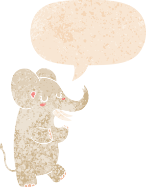 grunge 'da konuşma baloncuğu olan karikatür fili bir insan tarafından çizilmiş dertli retro tarzı.