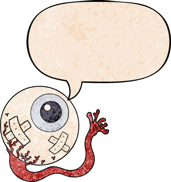 Bir insan tarafından çizilmiş eski dokuda konuşma baloncuğu olan çizgi film yaralı göz.