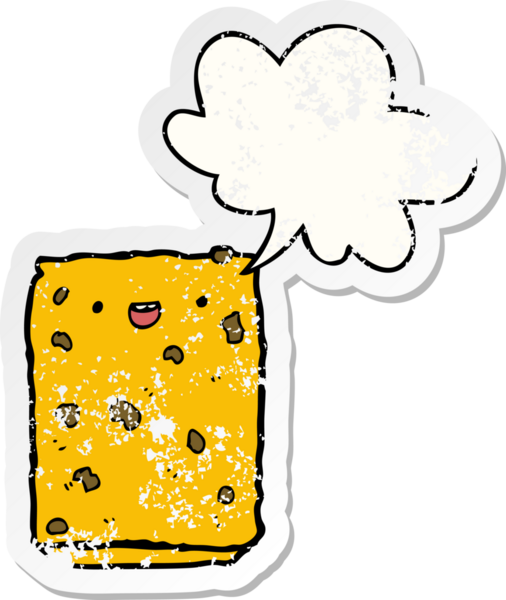 Konuşma balonlu çizgi film bisküvisi bir insan tarafından çizilmiş sıkıntılı eski bir çıkartma