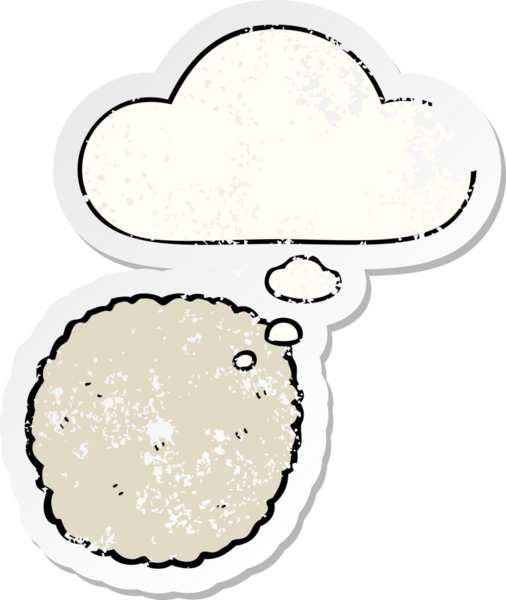Düşünce baloncuklu çizgi film bisküvisi insan tarafından çizilmiş yıpranmış bir çıkartma.