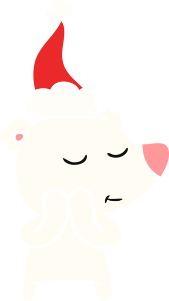 Bir insan tarafından çizilmiş Noel Baba şapkası giyen bir kutup ayısının düz renkli çizimi.