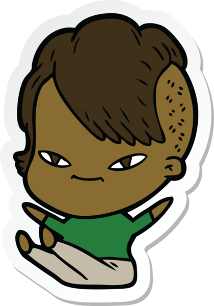 Hipster saç kesimi bir insan tarafından çizilmiş şirin bir çizgi film kızına ait etiket.