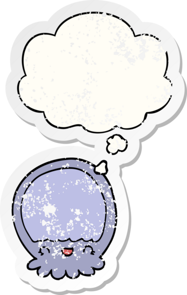 Düşünce baloncuğu olan karikatür denizanası insan tarafından çizilmiş yıpranmış bir çıkartma.