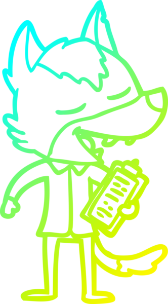 Bir insan tarafından çizilen kurdun gülen bir çizgi film satıcısı çizimi.