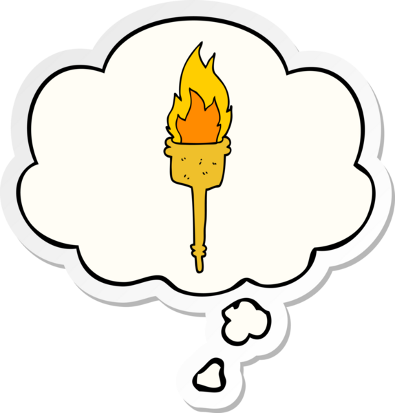 Düşünce baloncuklu yanan çizgi film meşalesi insan tarafından çizilmiş bir çıkartma gibi.