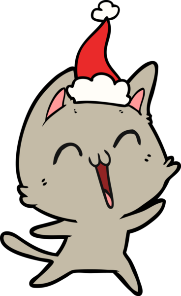 Mutlu el çizimi çizimi bir insan tarafından çizilmiş Noel Baba şapkası takan bir kedi.