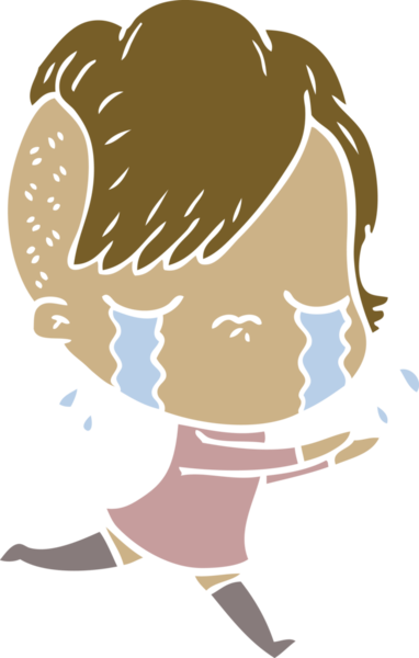 Düz renkli çizgi film karakteri ağlayan kız bir insan tarafından çizilmiş.