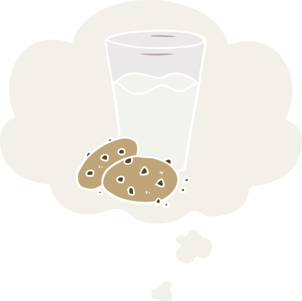 Düşünce baloncuklu çizgi film kurabiyeleri ve süt insan tarafından çizilmiş.