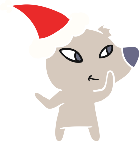 Bir insan tarafından çizilmiş Noel Baba şapkası takan bir ayının düz renk çizimi.