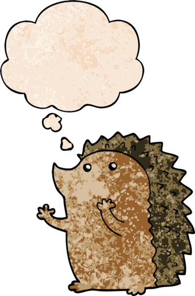 Bir insan tarafından çizilmiş grunge desenli düşünce baloncuklu kirpi çizgi filmi.