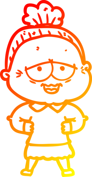 Bir insan tarafından çizilmiş mutlu, yaşlı bir kadının sıcak çizgi çizimi.