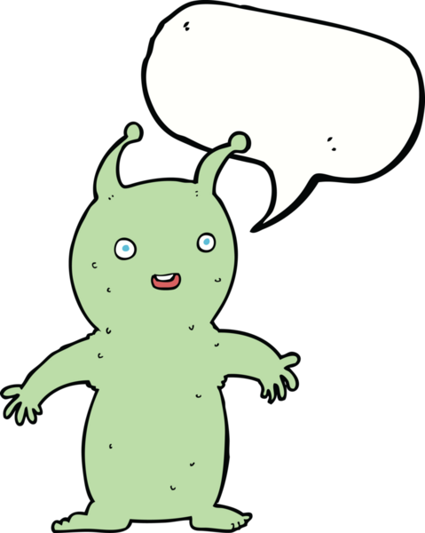 Bir insan tarafından çizilmiş konuşma balonu olan mutlu küçük uzaylı çizgi filmi.